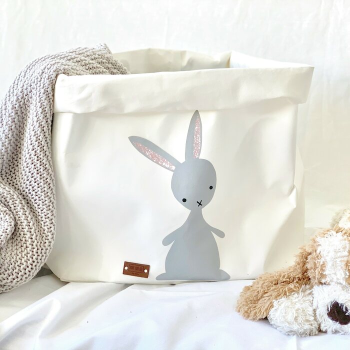 Enjoy Your Life By Demi Bunny-basket, white basket / grey Bunny